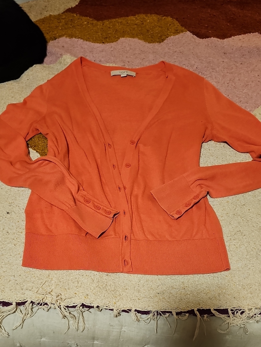 LOFT Coral-Orange V-Neck Button-Front Cardigan